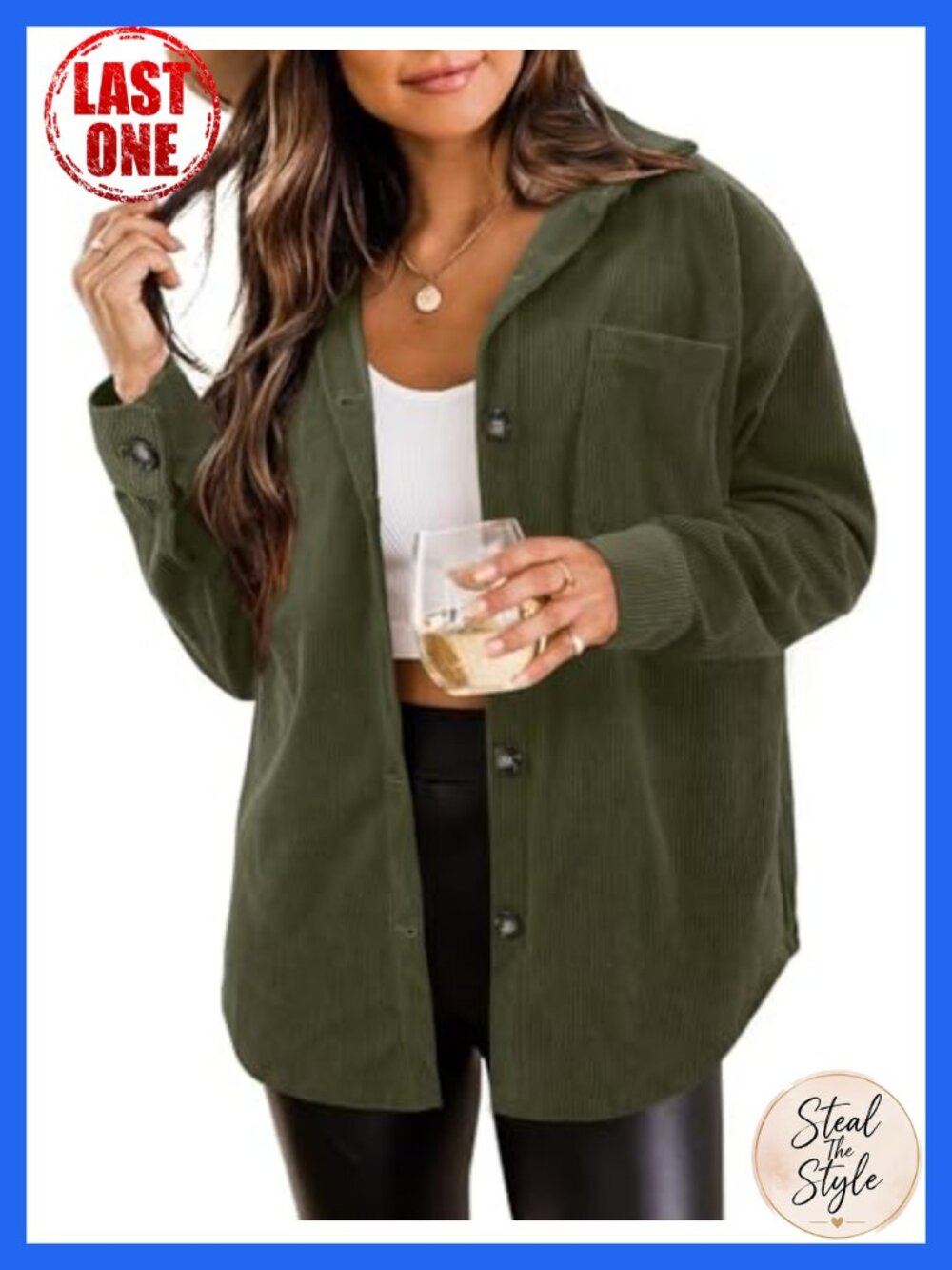 Corduroy Button Down Shacket Long Sleeve Loose Fit Casual Jacket